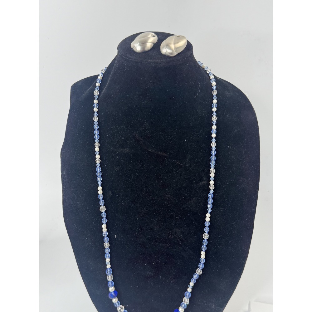 Blue Glass Bead Faux Pearl Long Necklace and Matte Silver Clip On Earrings Set